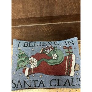 Vintage Needlepoint Christmas Pillow I Believe in Santa 9”X12" Flying Santa Tree